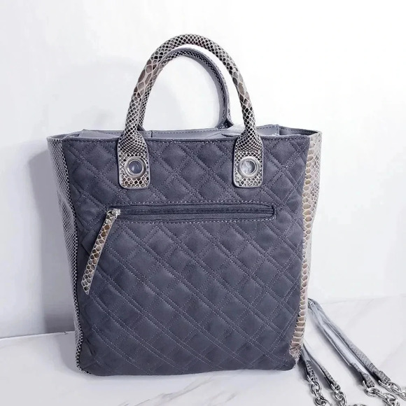 Chico's Tote Bag Faux Snakeskin Trim Quilted Purse Removable Straps Gray Grey - Picture 1 of 16